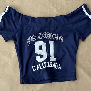 Princess Polly Navy Graphic Off-Shoulder Crop Top